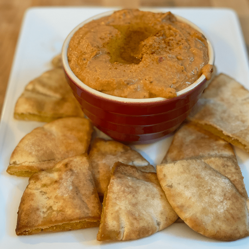 Roasted Red Pepper Hummus with Homemade Pita Chips